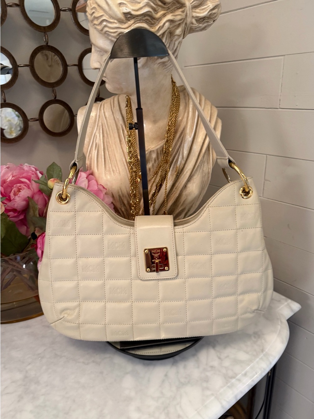 MCM Cream Quilted Leather Shoulder Bag with Gold Hardware